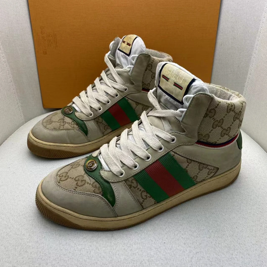 95新 GUCCI/古驰 灰绿双G复古做旧拼色高帮脏脏鞋/41.5欧码