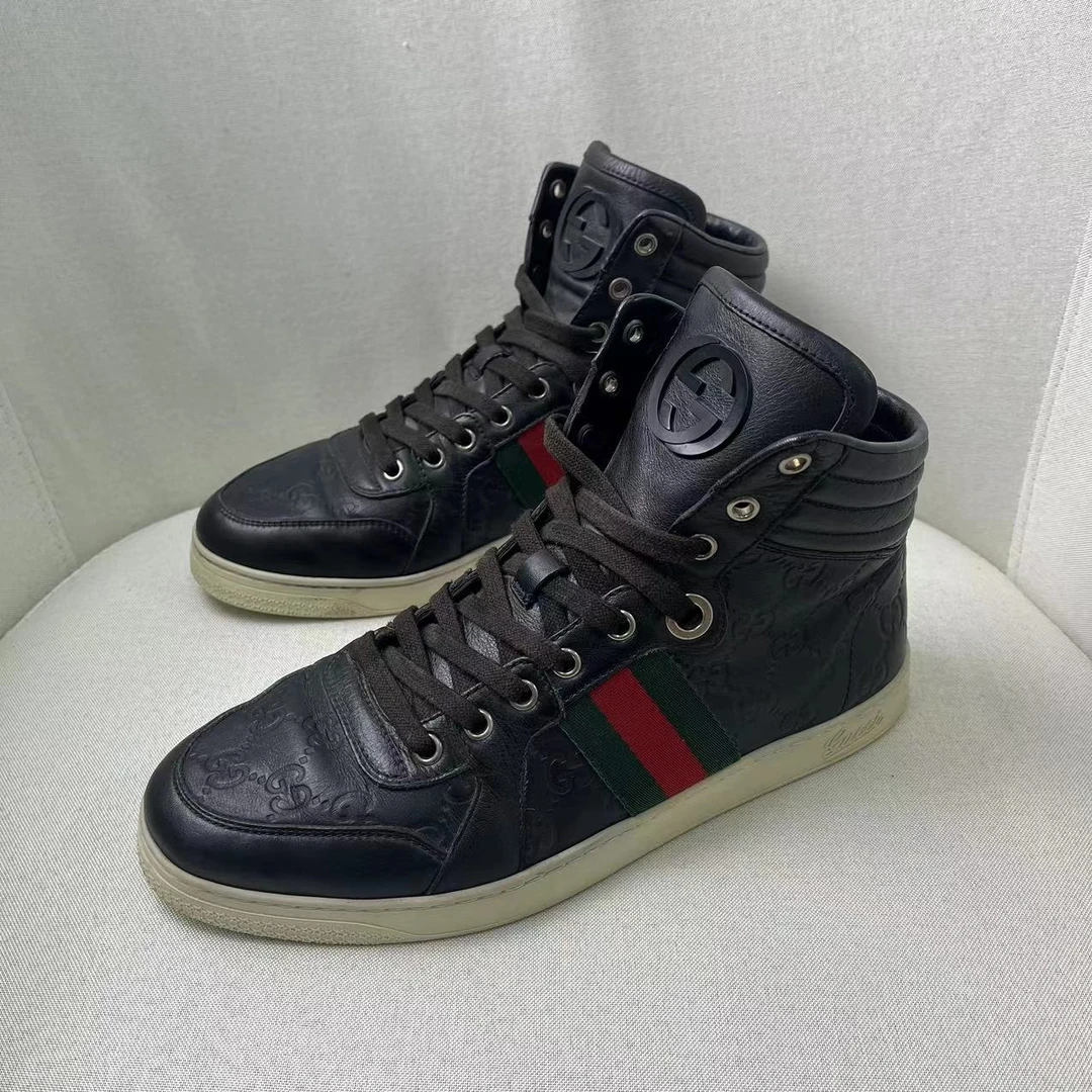 95新 GUCCI/古驰 黑色双G压印老花时尚百搭潮流高帮板鞋 40欧