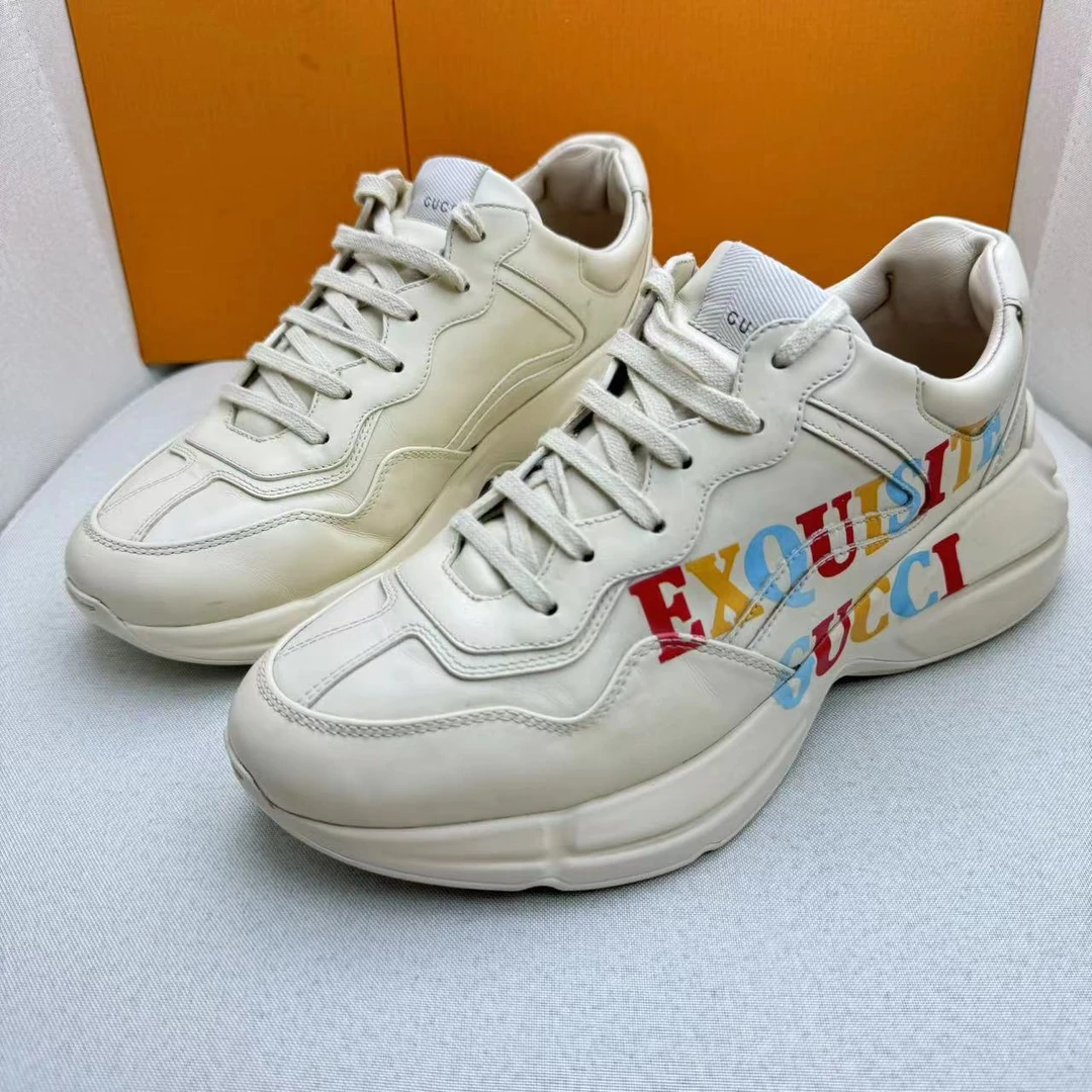 95新 GUCCI/古驰 米白色侧标大logo时尚厚底透气潮流老爹鞋41码