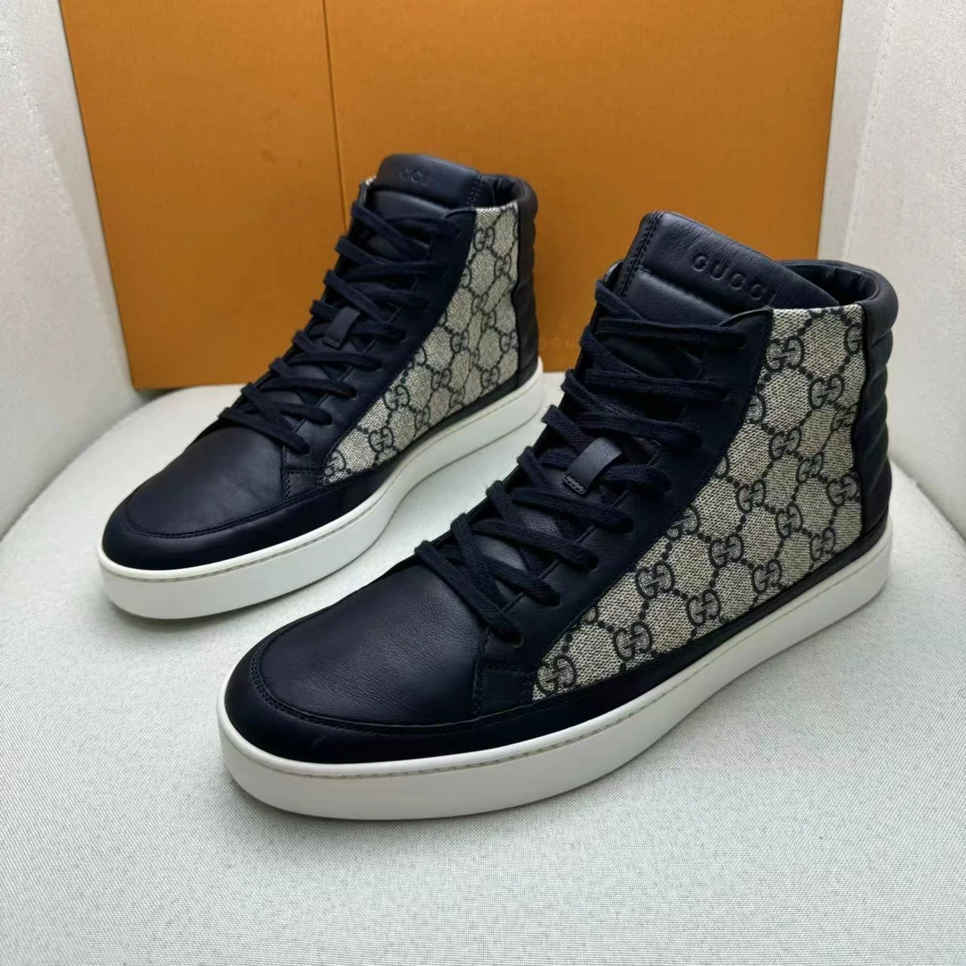 GUCCI/GUCCI藏蓝色双G半印高帮百搭时尚板鞋/42.5欧/96新