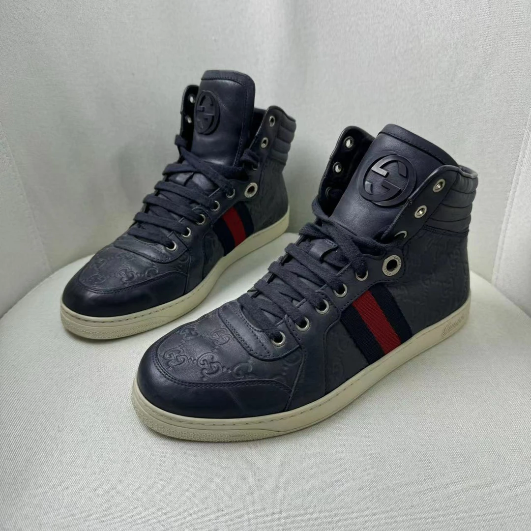 95新 GUCCI/古驰 蓝色双G浮雕时尚百搭潮流高帮板鞋/40.5码