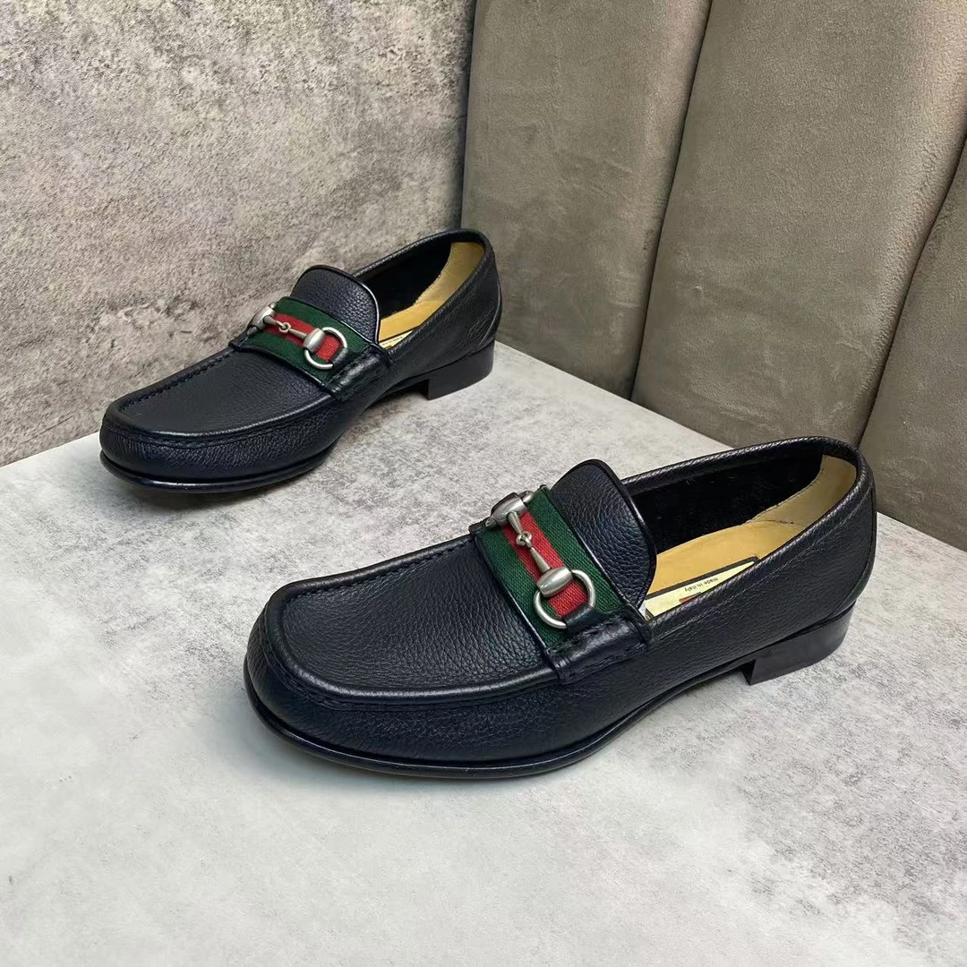 GUCCI/古驰黑色荔枝纹织带银扣舒适时尚软底休闲皮鞋/40.5欧/全新