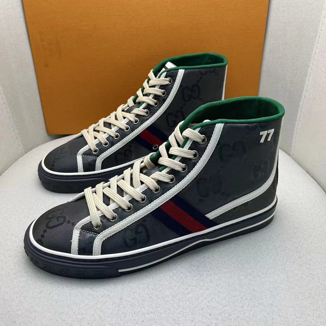 全新未使用 GUCCI/古驰 灰色双G满印织带系带高帮板鞋 41.5码