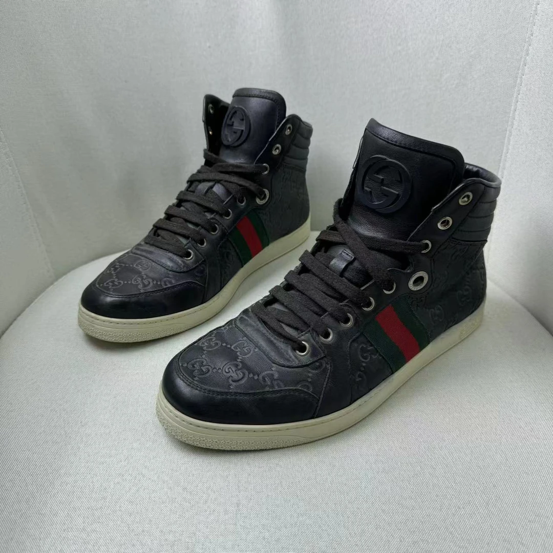 GUCCI/古驰褐色双G浮雕印花时尚百搭高帮休闲板鞋/41.5欧/96新