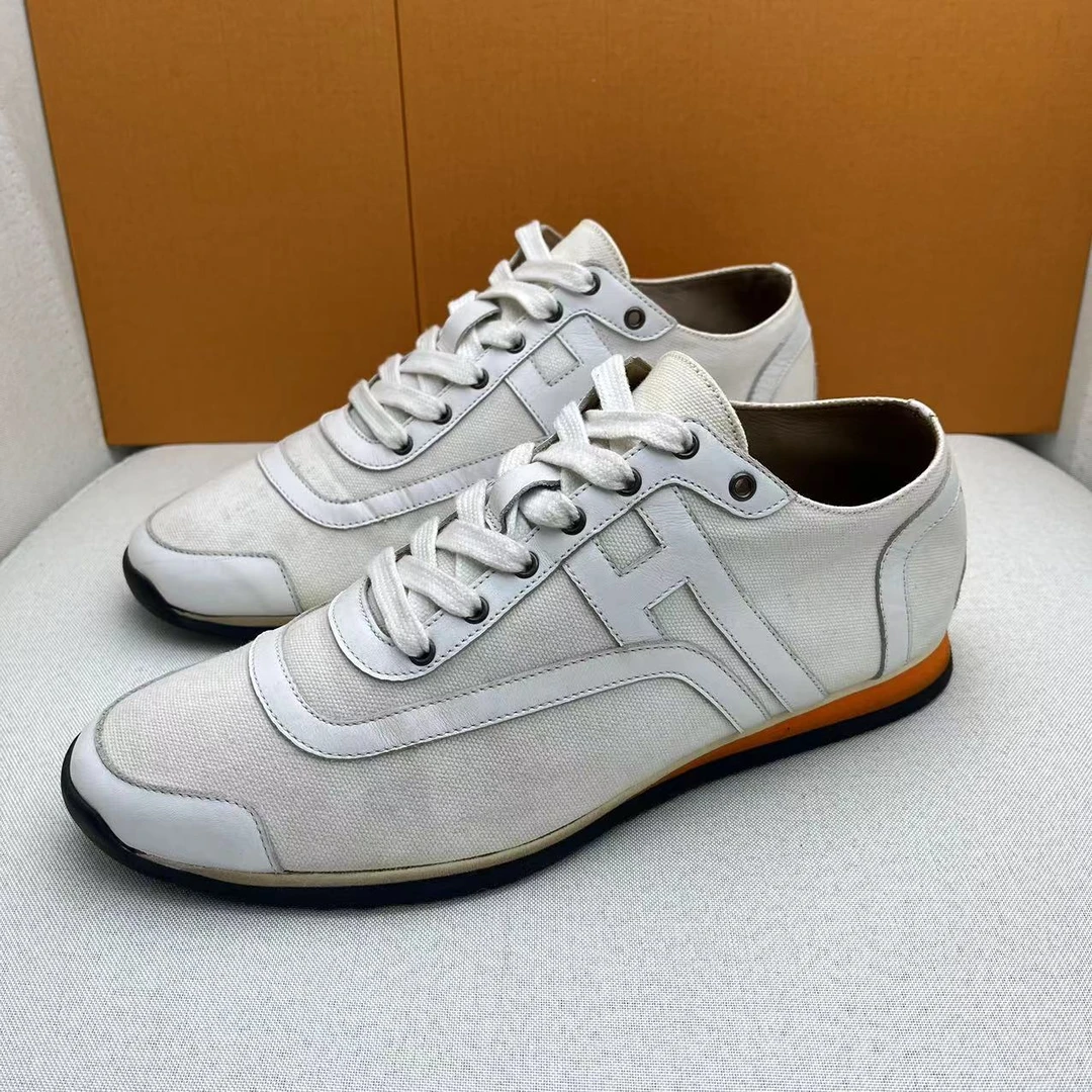 Hermes/爱马仕白色帆布皮革编织休闲透气低帮板鞋/40/95新