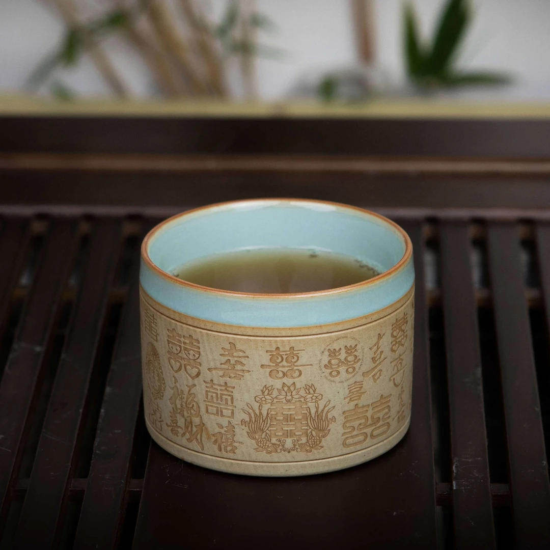 易佑良善手工拉坯雕刻五福临门百囍杯天青色汝州原产地原矿釉