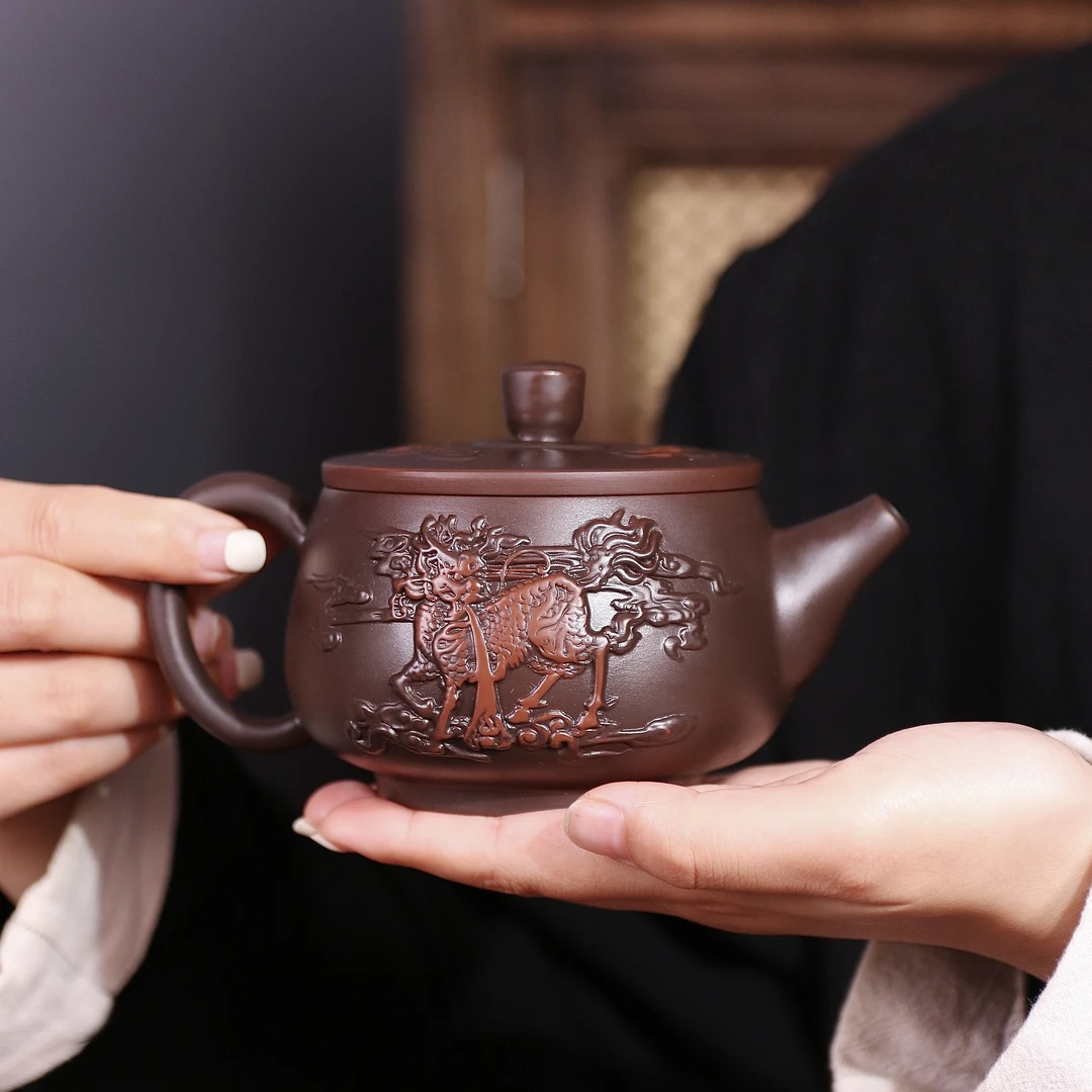 紫陶满雕麒麟汉瓦壶大容量中式全纯手工泡茶壶复古紫砂壶ZH00424