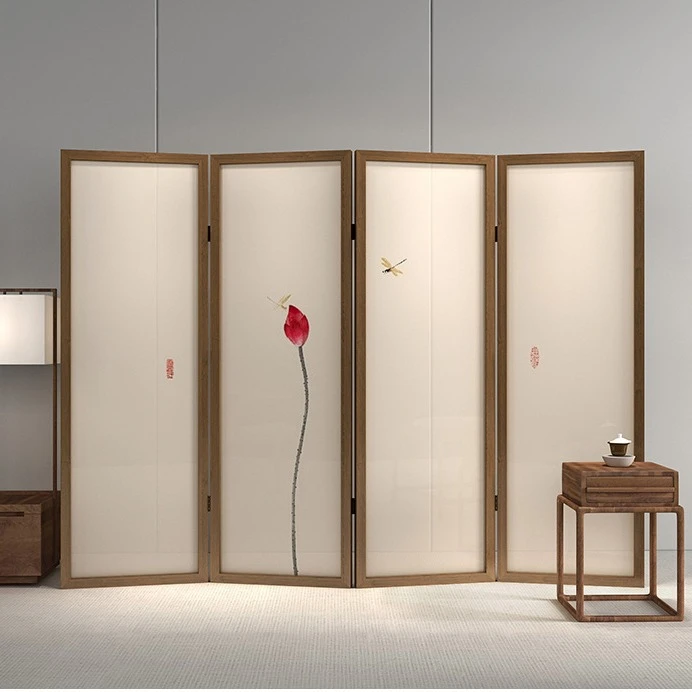 新中式屏风折屏折叠隔断装饰客厅卧室可移动素雅荷花遮挡玄关实木