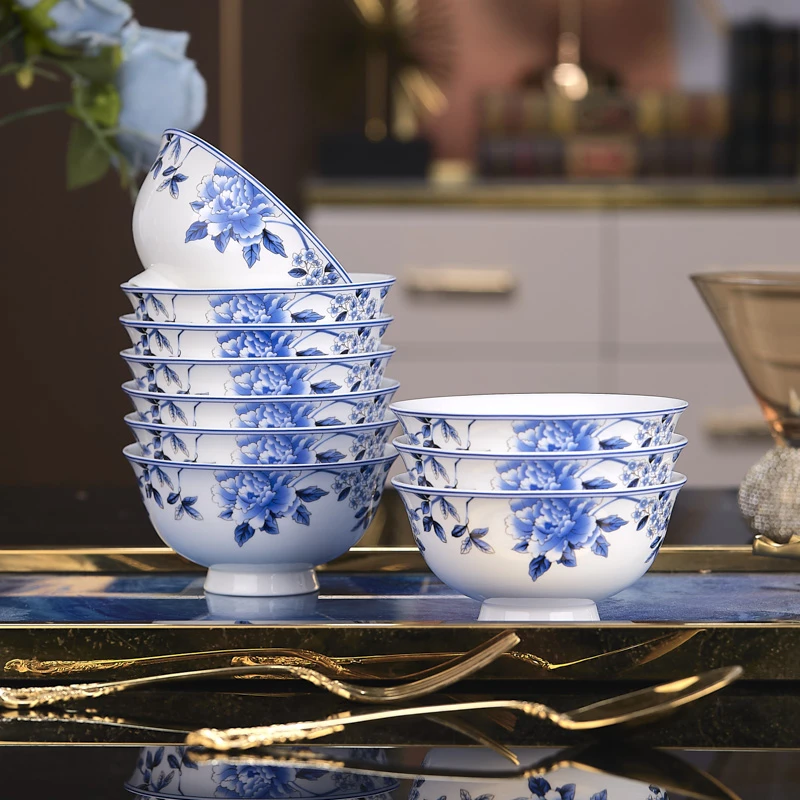 【青花鸾凤和鸣4.75英寸高脚饭碗10只】景德镇高档骨瓷餐具家用防烫