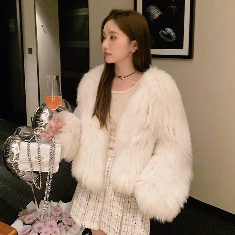 双面狐狸毛编织外套女短款年轻款小个子2025冬季新款2231