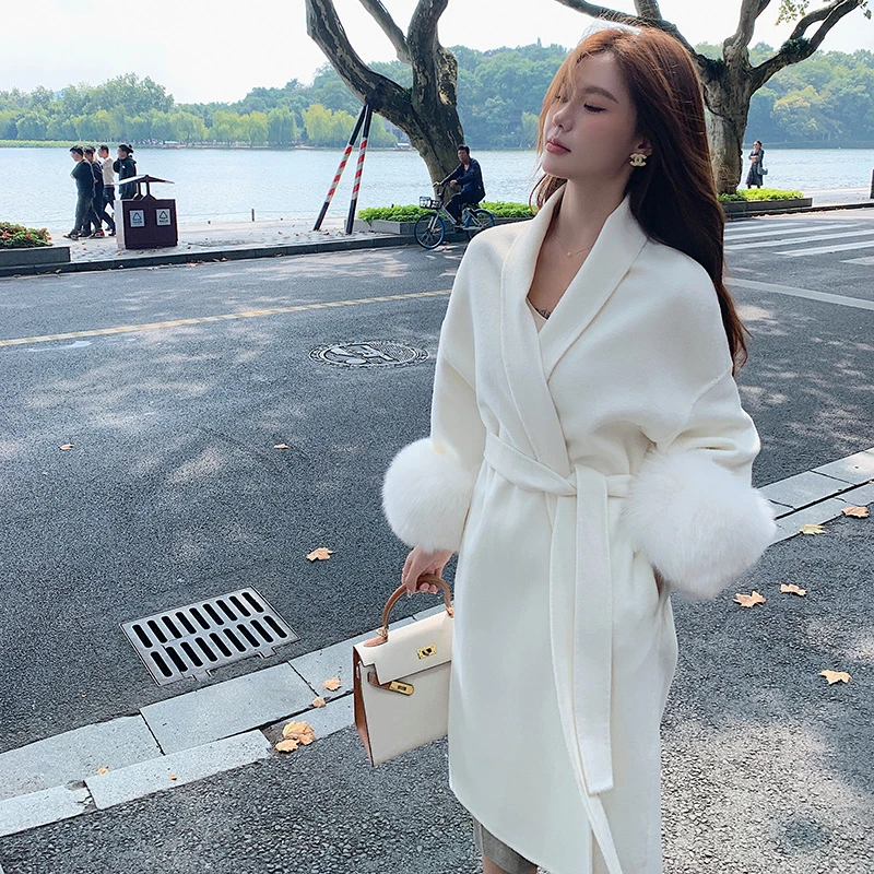 双面羊毛大衣女长款气质狐狸毛袖口呢子外套2025冬季新款23076