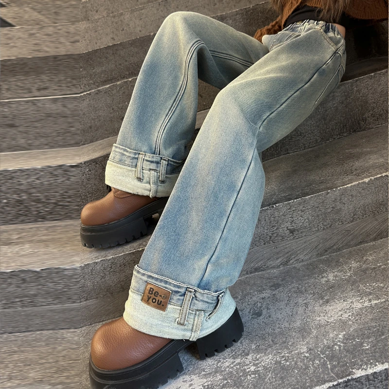 女童裤子秋冬2024新款洋气中大童加绒加厚阔腿裤儿童保暖牛仔裤潮