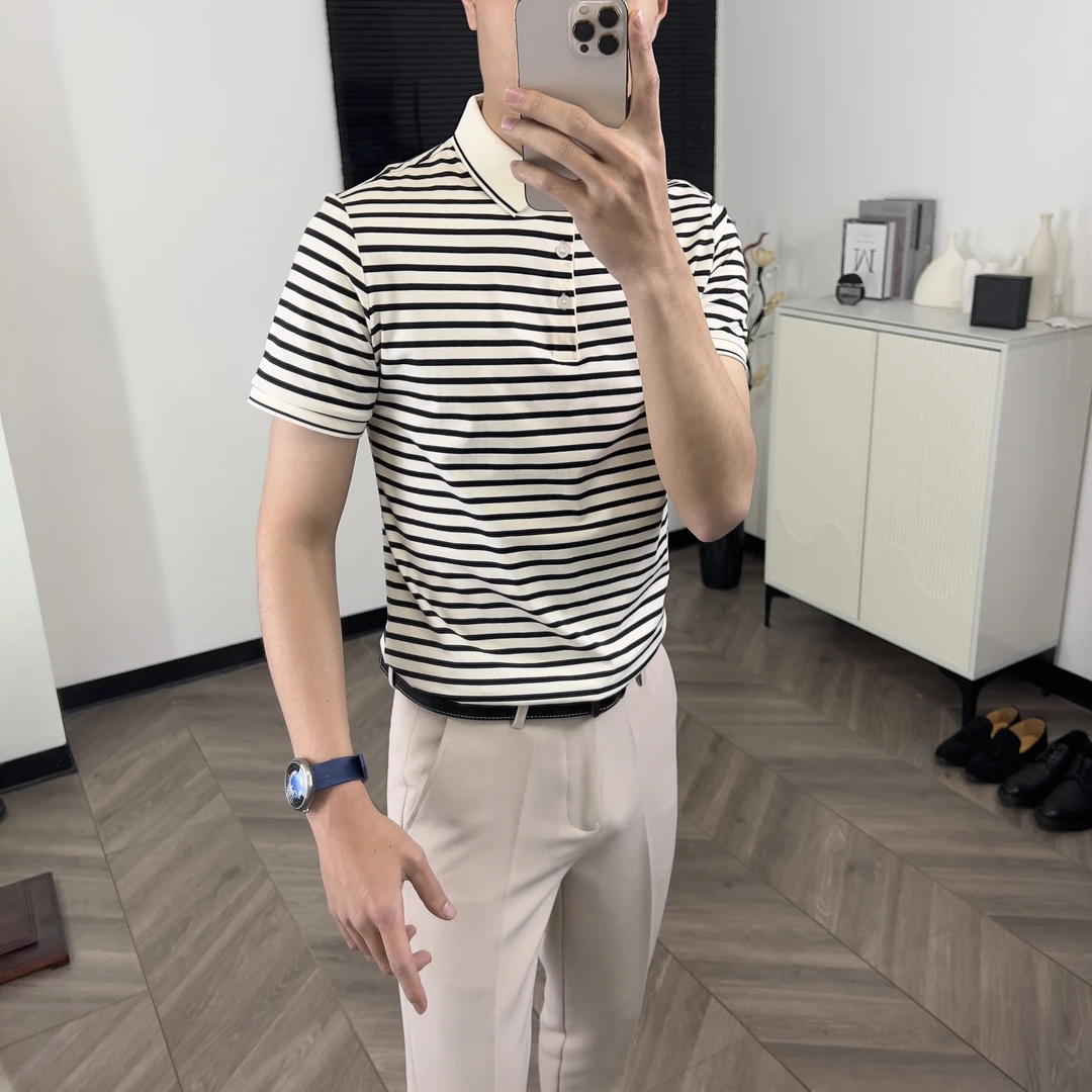 POLO衫男条纹翻领短袖t恤潮流夏季轻商务修身休闲半袖男薄保罗衫