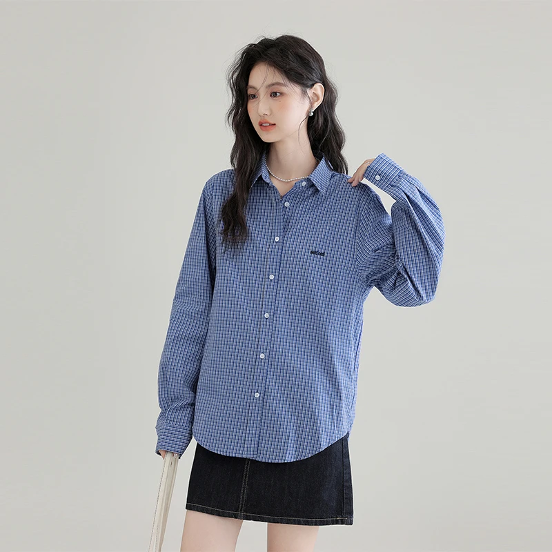 蓝色格子衬衫外套女春秋2024新款设计感小众衬衣休闲宽松长袖上衣