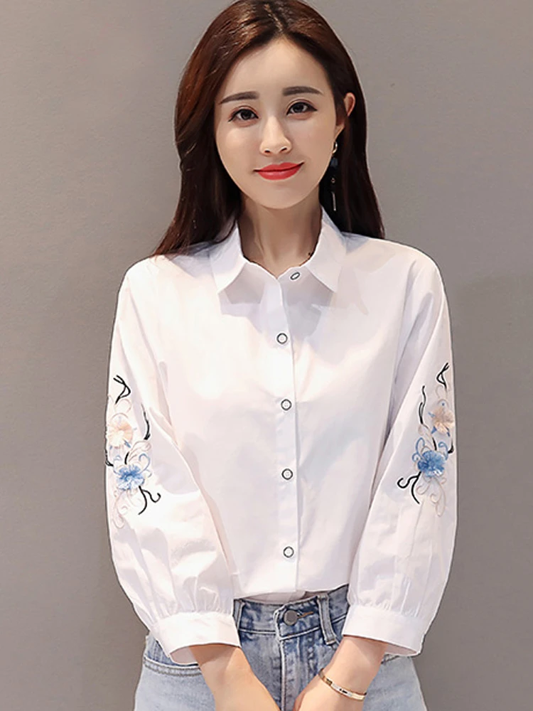夏季新款纯棉刺绣气质优雅衬衫宽松显瘦遮肉洋气时尚感七分袖衬衣