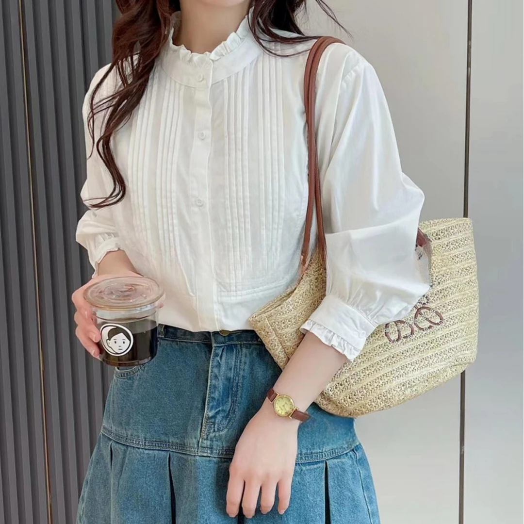 全额运费补贴 木耳边设计纯色宽松衬衫女长袖打底白衬衣显瘦外套