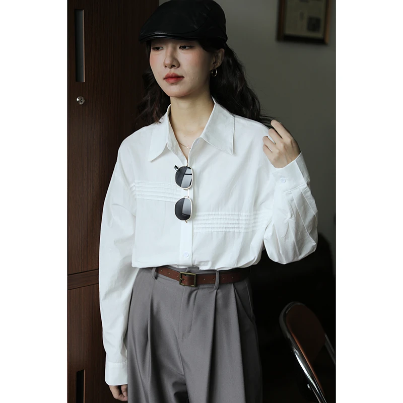 高颜值纯棉长袖纯色衬衫女设计感复古通勤时尚宽松上衣衬衣外套