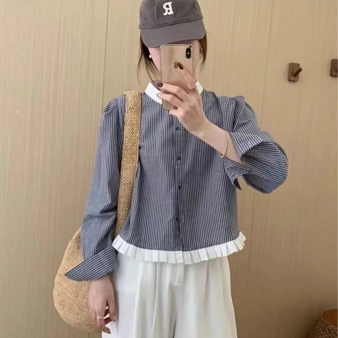 2024早秋新款圆领拼色小众设计感拼接百褶边时尚休闲条纹长袖衬衣