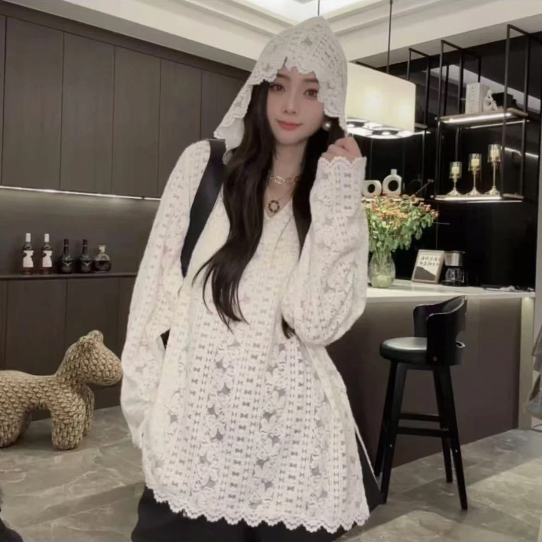 （常规/加绒）时尚欧货高级感厚款绒感V领连帽气质上衣打底蕾丝衫