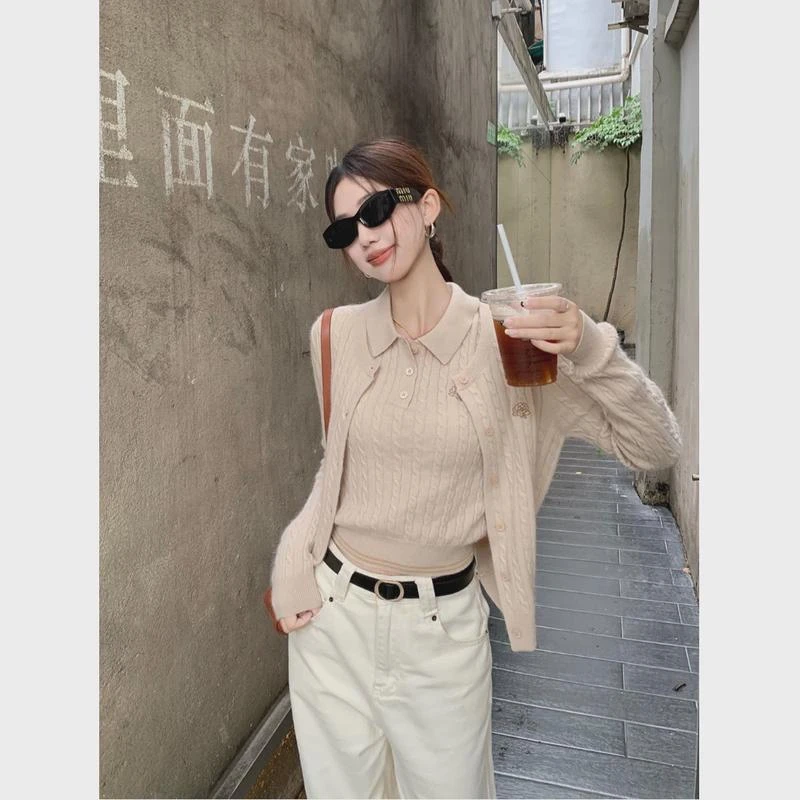 红色复古套装小众刺绣毛衣开衫外套女装早秋内搭麻花针织衫两件套