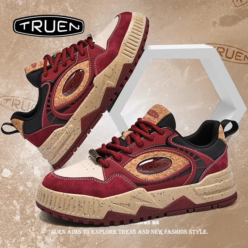 真恩板鞋男潮牌高级感四季增高厚底运动休闲酒红色本命年面包鞋