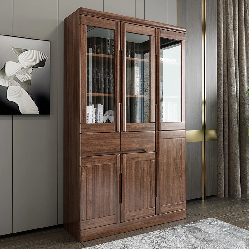 新中式实木书柜胡桃木储物书橱组合北欧玻璃带门落地书房简约家具