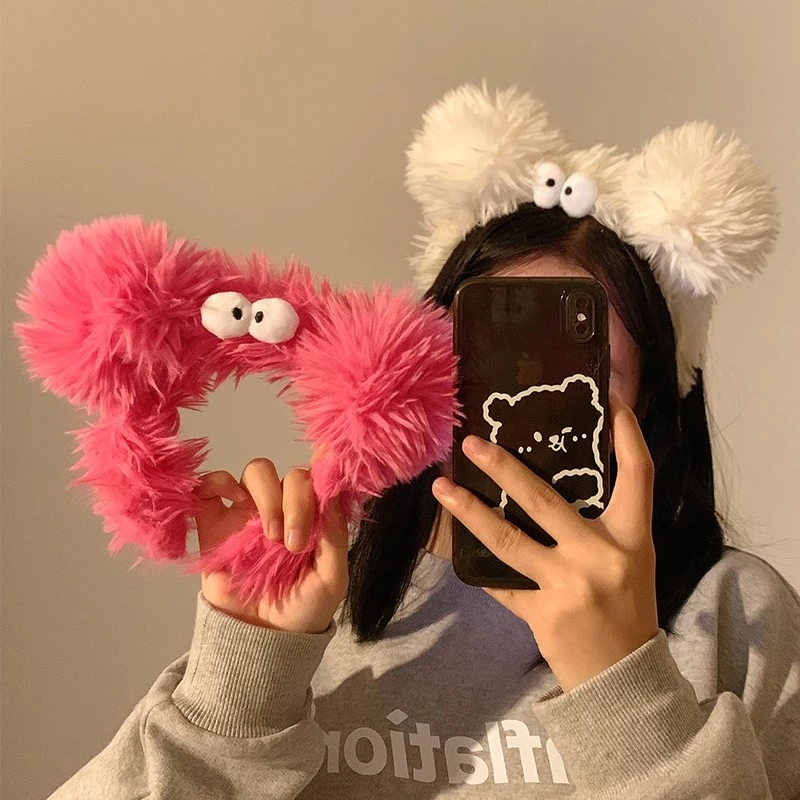 可爱丑萌毛绒大眼睛洗脸发箍秋冬炸毛少女搞怪头箍束发带头饰发卡