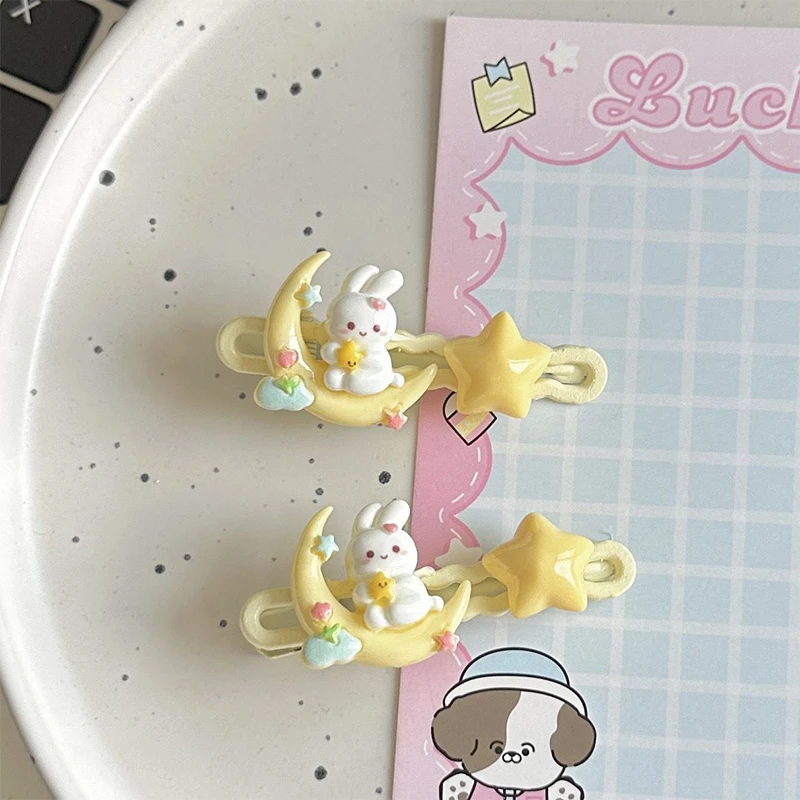 坐在月亮上的兔子发夹可爱玉兔星星侧边刘海夹发卡女