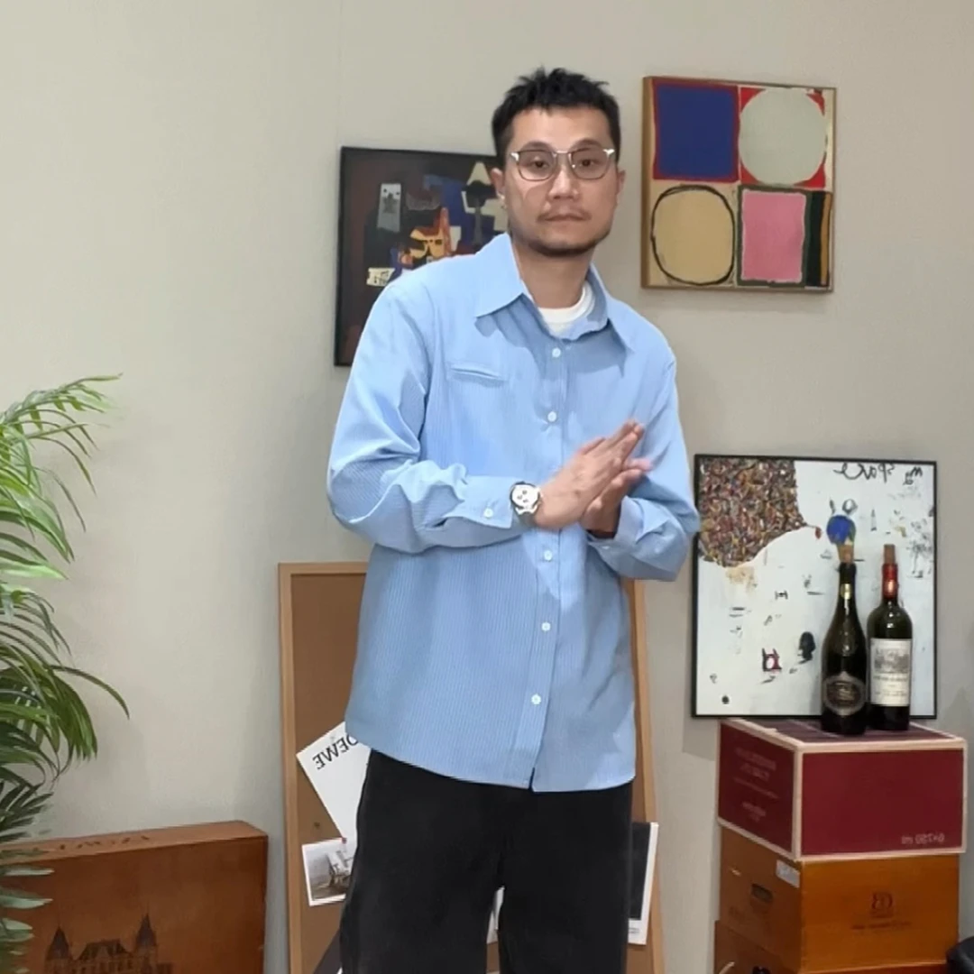 美式复古高级感痞帅蓝色条纹衬衫男长袖春秋季休闲宽松衬衣外套潮