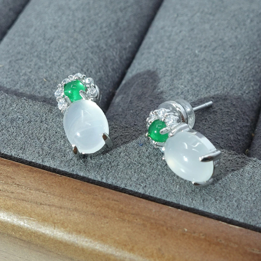 合金耳饰 钰髓小蛋面耳钉简约优雅气质国潮古风朴素s925银耳饰