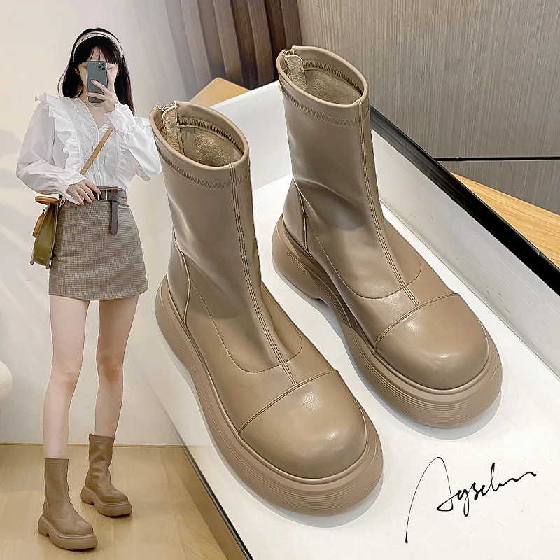 奥古狮登厚底马丁靴女2025年新款春秋瘦瘦靴小个子弹力切尔西短靴