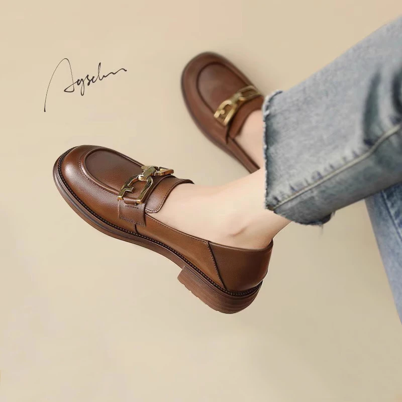 奥古狮登棕色乐福鞋女2025新款复古真皮单鞋一脚蹬冬季通勤小皮鞋