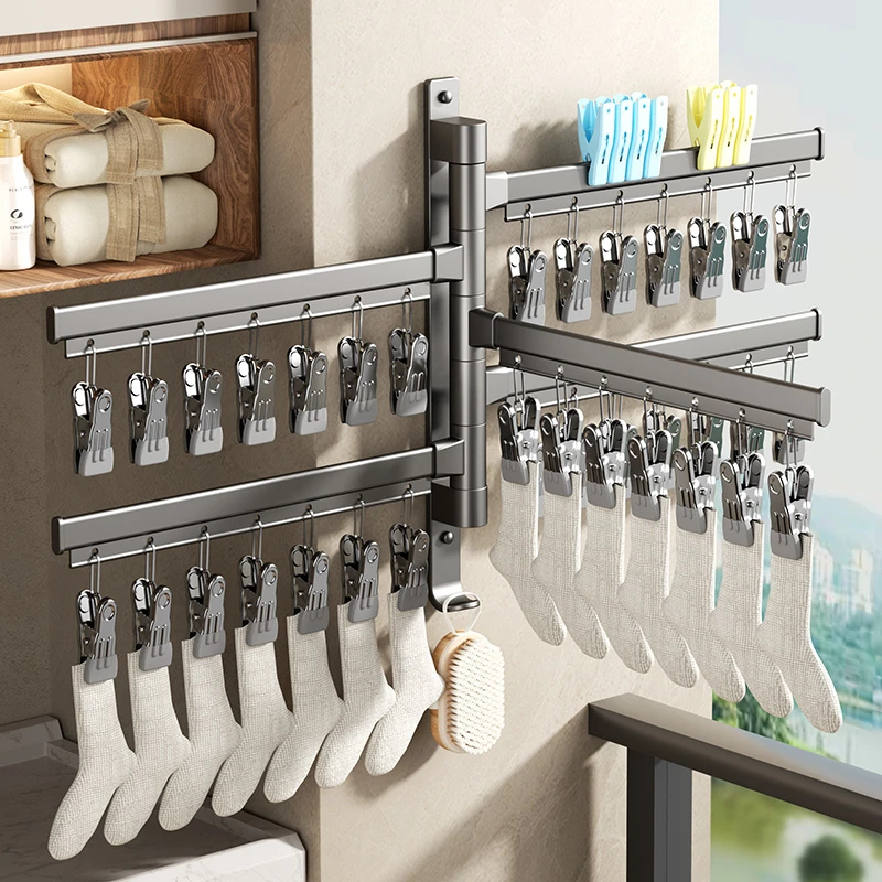 袜子晾晒架家用免打孔壁挂折叠晒袜子阳台防风内衣内裤多夹晾衣架