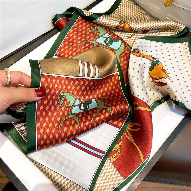 欧美格纹丝巾双层真丝缎面围巾桑蚕丝窄长条飘带双面领巾时尚丝巾