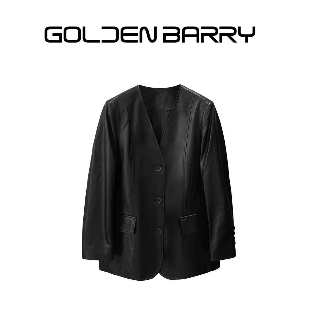 GOLDENBARRY|160020小羊皮V领百搭简约时尚外套轻奢设计师