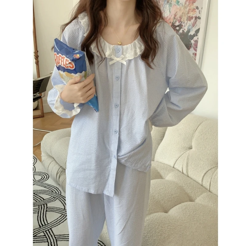 纯棉睡衣女春秋季套装日系圆领开衫洋气新款花边长袖小个子家居服