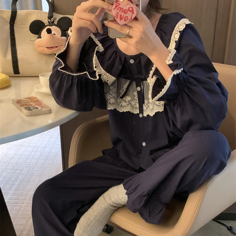 宫廷风花边长袖网红甜美睡衣女士春秋季高级感宽松家居服两件套装