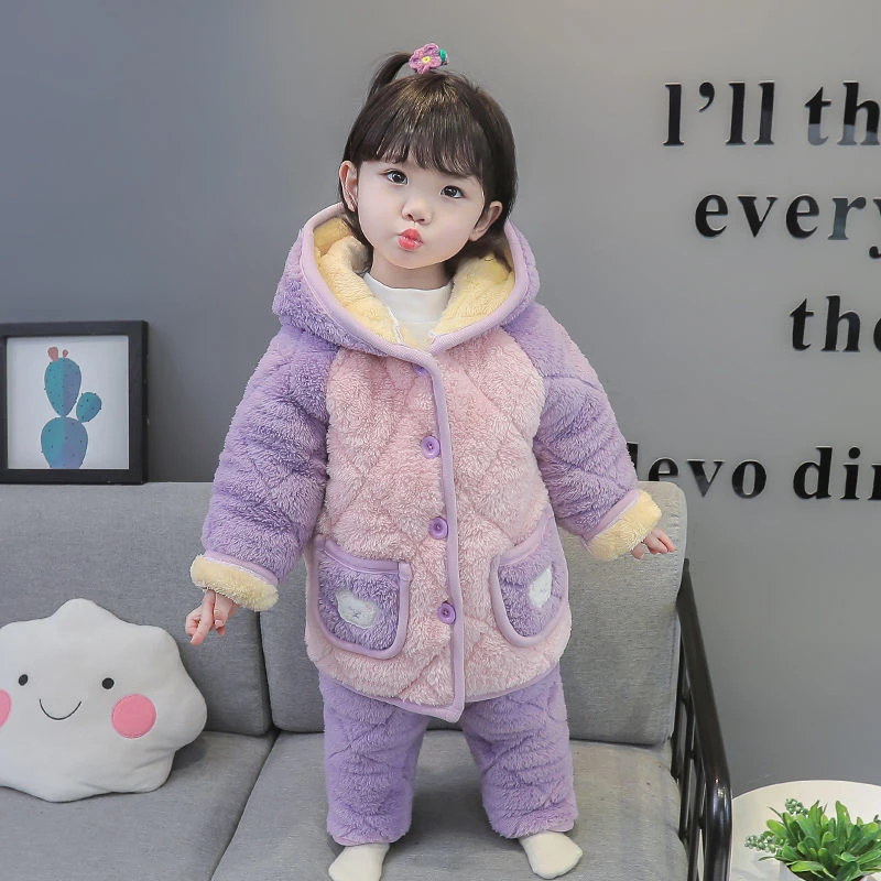 女童夹棉睡衣冬季款宝宝三层加厚中长款女孩儿童法兰绒家居服套装
