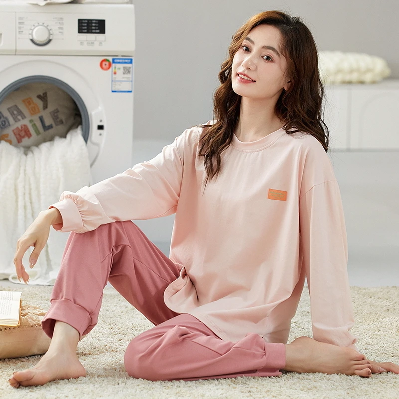 春秋季新款女士长袖长裤睡衣休闲宽松大码可外穿韩版家居服套装
