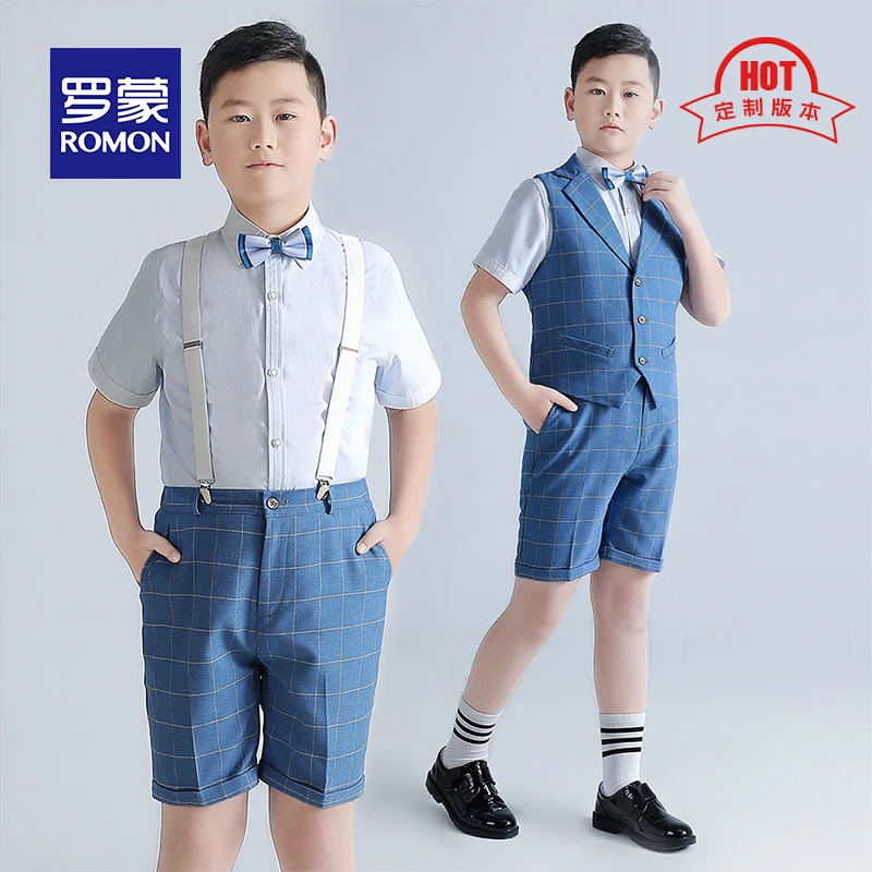 Romon/罗蒙男童礼服主持人夏季新款儿童短袖背带裤套装胖版中大童