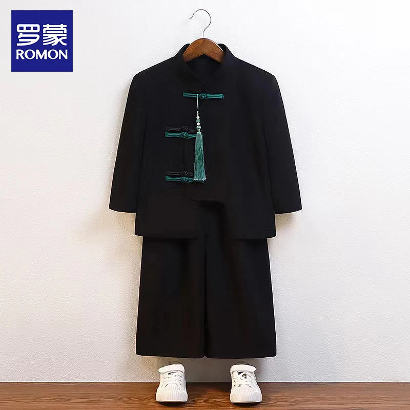 Romon/罗蒙儿童新中式汉服春季新款国风唐装演出服套装国潮中山装