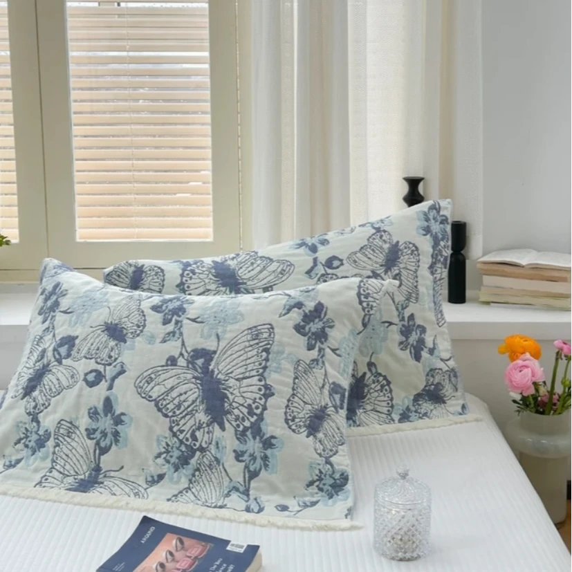 蓝蝴蝶流苏色织提花棉纱布枕巾