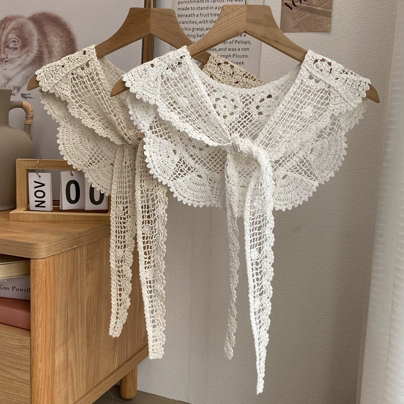 春秋季蕾丝镂空钩花外搭小披肩女纯色薄款搭肩百搭针织假领子坎肩