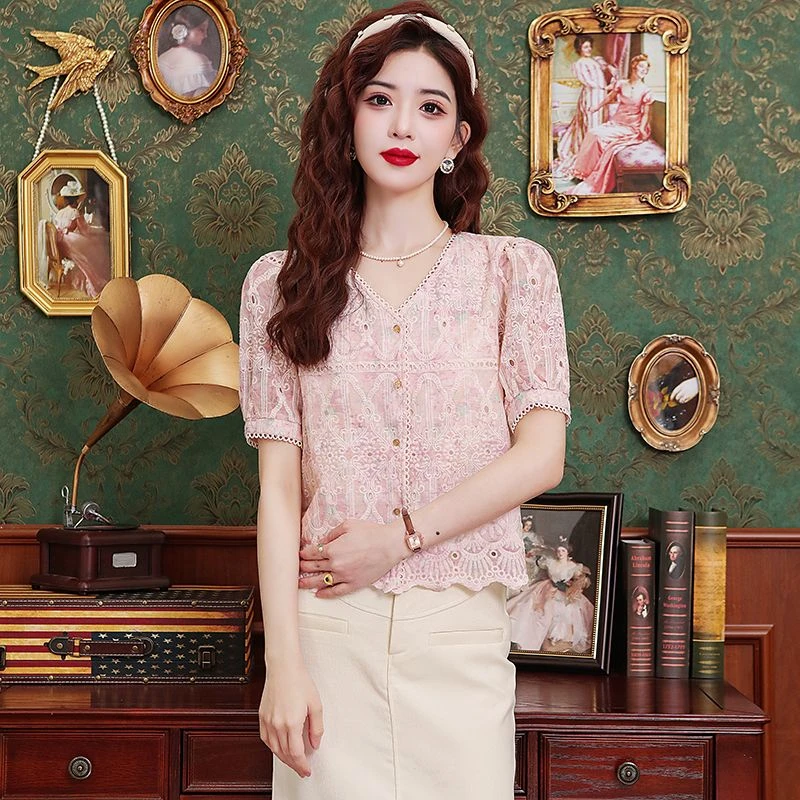2024夏季新款气质名媛V领单排扣蕾丝花色小香开衫上衣甜美短袖潮