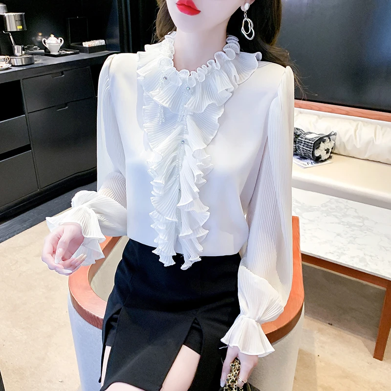 长袖木耳边小众设计感超仙雪纺上衣女秋冬新款立领纯色小衫