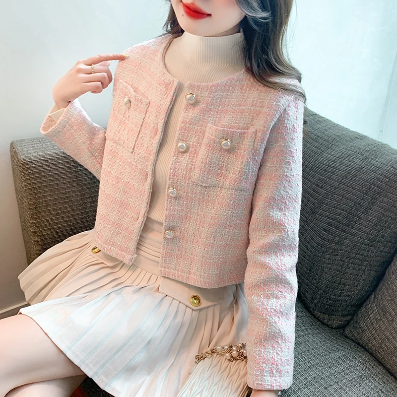 2024秋冬新款时尚名媛气质小香风外套珍珠扣长袖短外套女法式上衣