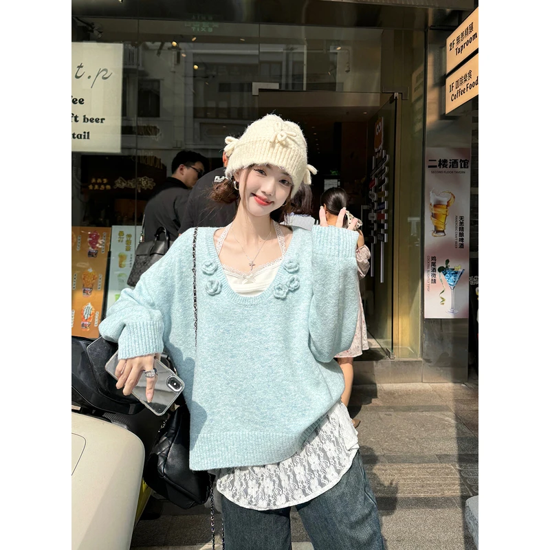 设计感花朵套头毛衣针织衫女秋上衣+内搭蕾丝挂脖打底衫 18633