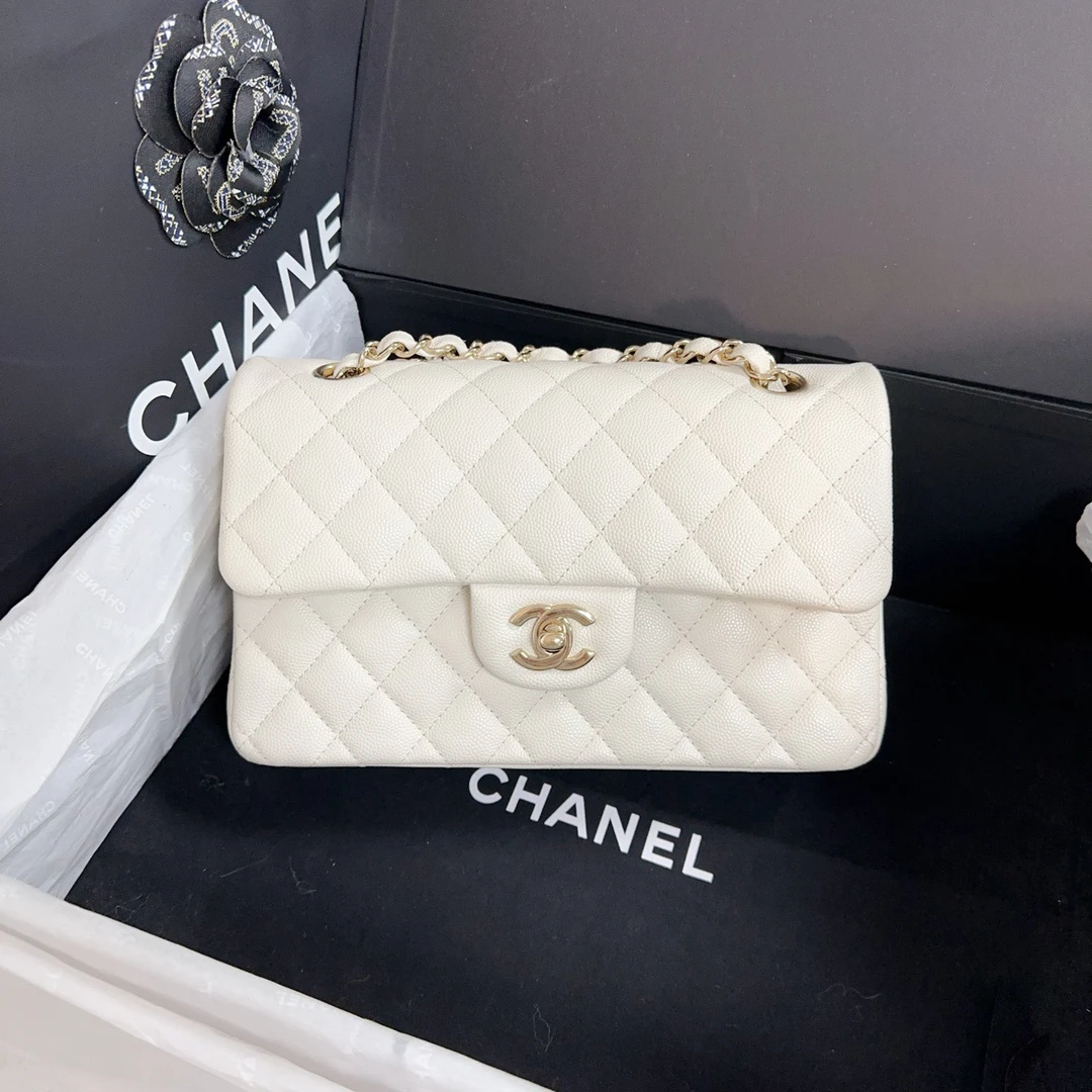 99新 Chanel/香奈儿 白色cf小号芯片荔枝纹淡金扣链条包9825