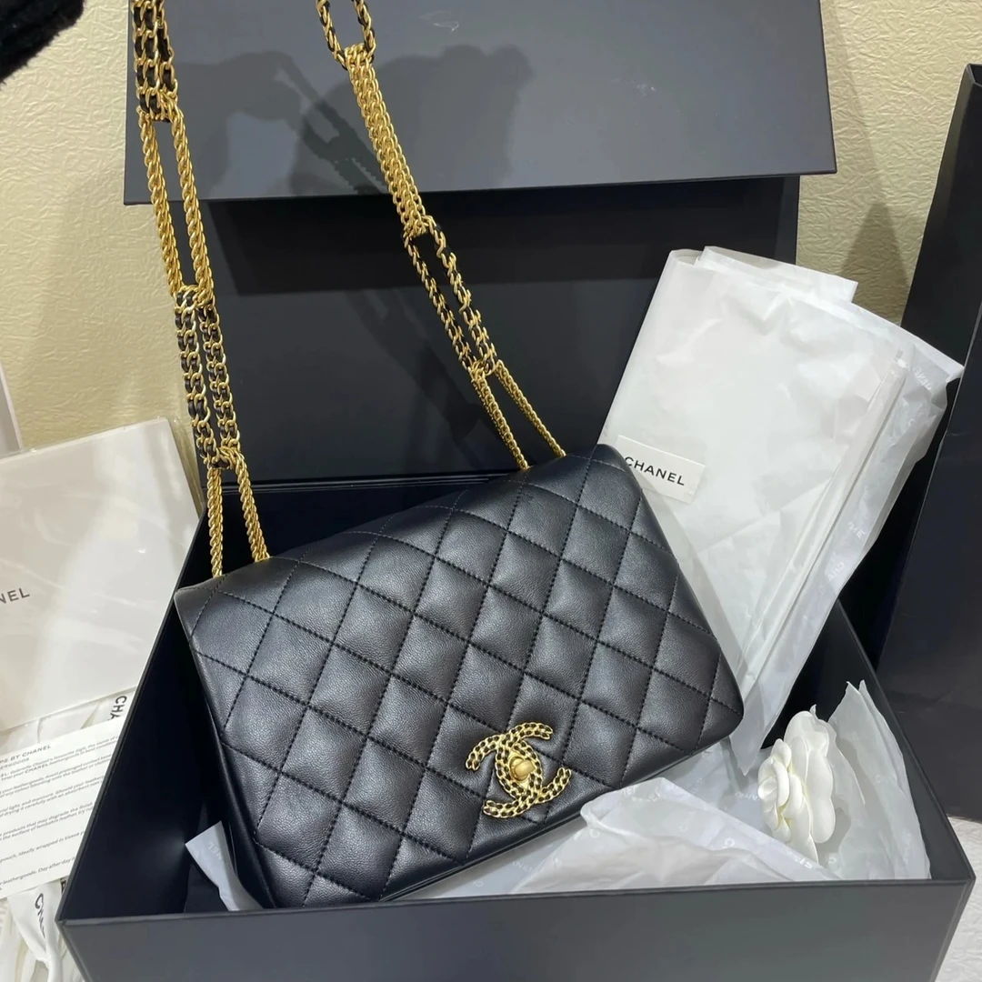 99新 Chanel/香奈儿 黑金芯片手工坊链条口盖包2025 UUNC