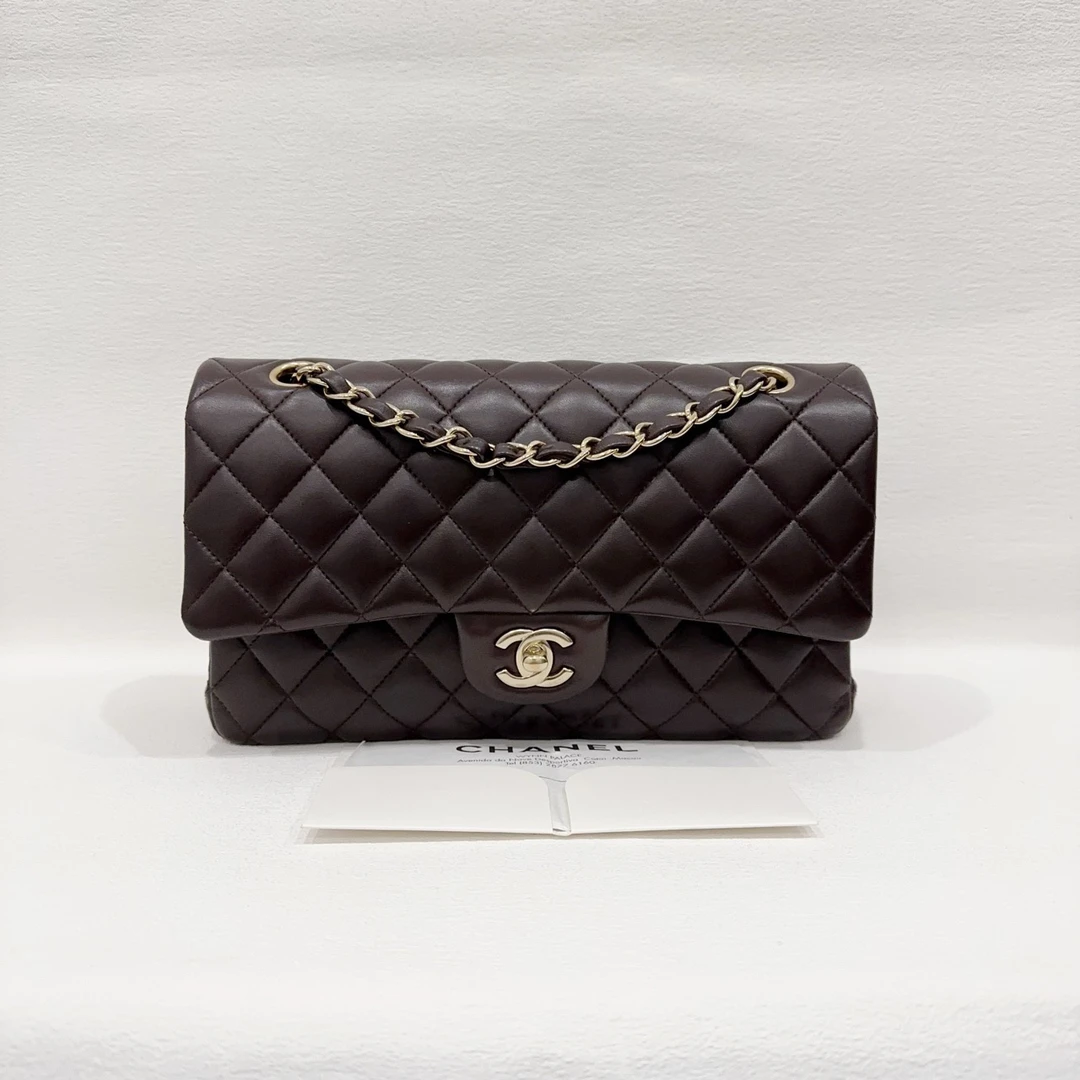 99新 Chanel/香奈儿 未开价cf中号金扣巧克力棕芯片链条包3755